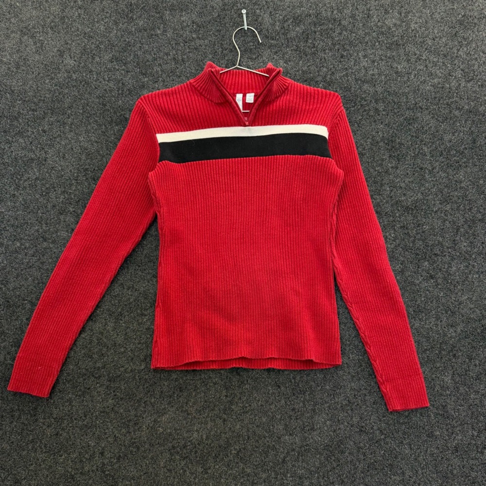Relativity Womens Red Ribbed 100% Cotton Quarter Zip Sweater Stripe Small